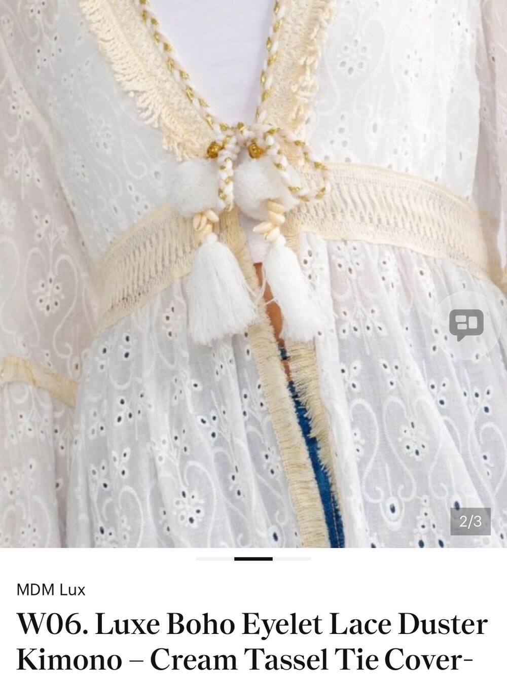 Boho Eyelet Lace Duster Kimono in Cream with Tassel Tie